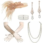 BABEYOND 1920s Flapper Accessories Great Gatsby Costume Accessories 20s Flapper Headband Pearl Necklace Gloves Plastic Holder