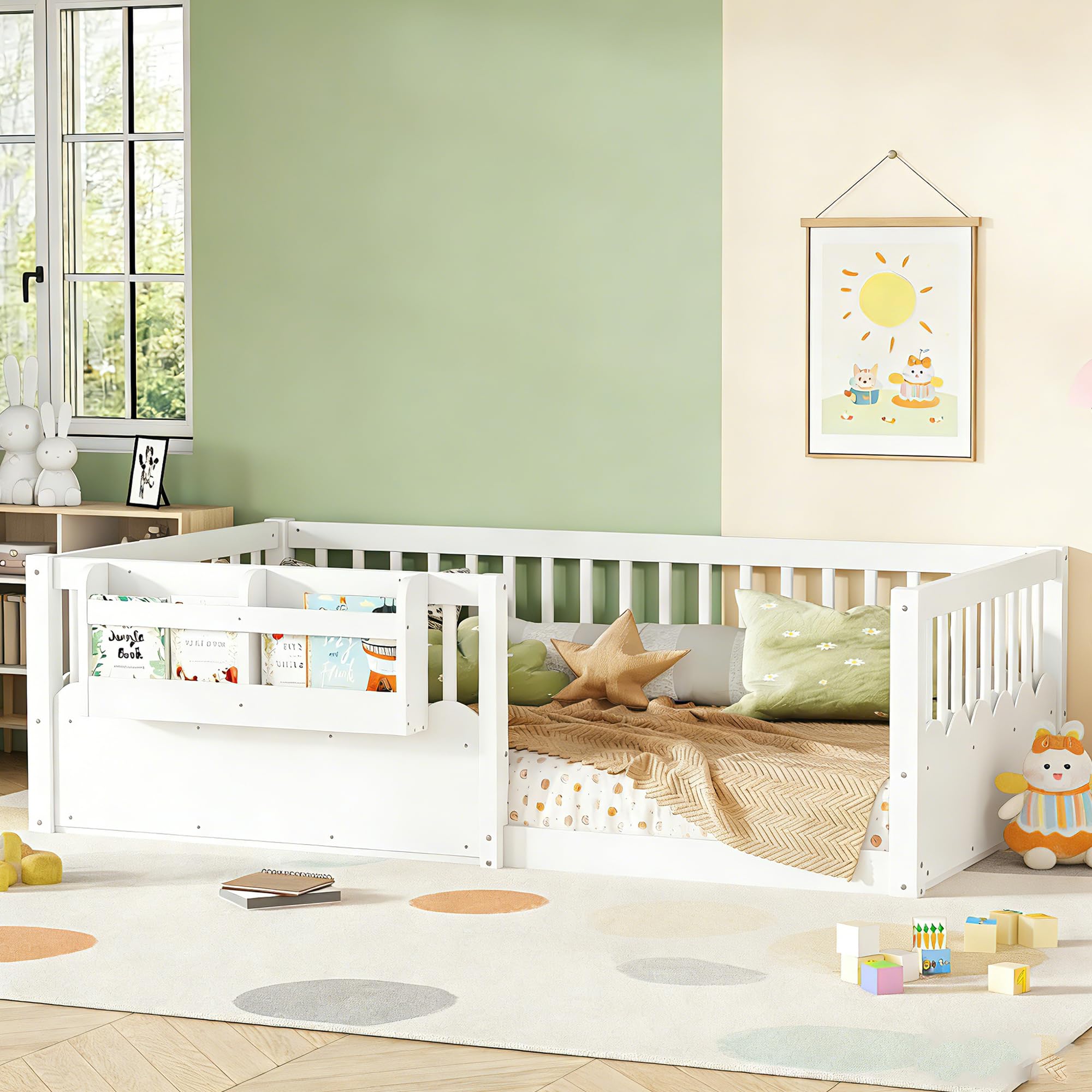 Photo 1 of Bellemave Twin Size Kids Montessori Floor Bed,Solid Wood Floor Bed Frame with Bookshelf and High Fence for Kids,Girls,Boys,White