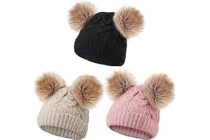 GEYOGA 3 Pieces Baby Beanies Toddler Kids Hats Winter Double Pompom Beanies Caps Knitted for Girls Boys