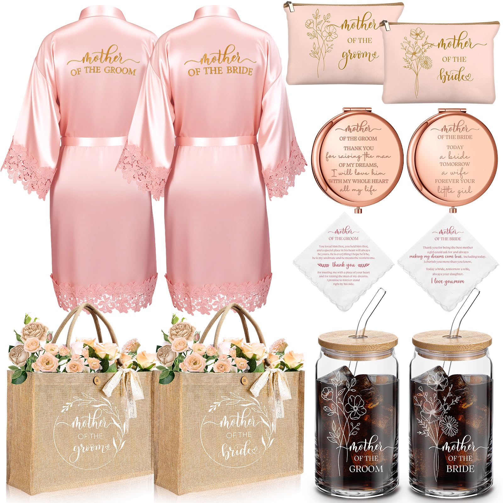 Photo 1 of Hushee 12 Pcs Mother of the Bride Groom Gift Set: Satin Robes for Women Tote Bags Makeup Bags 16oz Glass with Straws Handkerchiefs Mirrors for Mom Bridal Shower Wedding Gifts (Pink,Flower)
