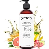PURA D’OR 16 Oz Organic Anti-Cellulite Massage Oil for Toned Legs and Butt - Lemon Peel, Moringa, Grape Seed, Grapefruit & Eucalyptus Oils - Skin Firming & Tightening