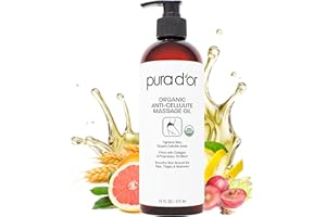 PURA D'OR PURA D’OR 16 Oz Organic Anti-Cellulite Massage Oil for Toned Legs and Butt - Lemon Peel, Moringa, Grape Seed, Grapefruit & Eucalyptus Oils - Skin Firming & Tightening
