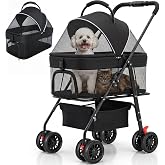 Dog Stroller for Small Dogs, Foldable Pet Stroller up to 35 lb, Panoramic Mesh Pet Cat Stroller with Detachable Carrier, with Safety Tether, Puppy Doggie Stroller for Medium Dogs 20 lbs, Light Black