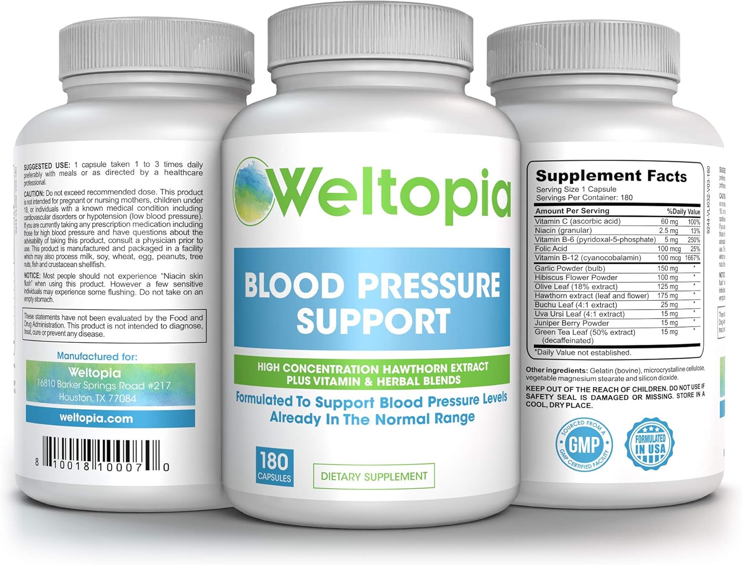 Weltopia - Advanced Blood Pressure Support - 180 Caps - High Concentration Hawthorne Extract, Plus Vitamins, Olive Leaf, Garlic Extract & Hibiscus Supplement: Health & Personal Care