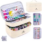 Double-Layer Sewing Organizer Bag with Pin Cushion for Sewing Supplies | Large sewing storage bag with pockets for thread, notions, tools; portable sewing tote for quilting, embroidery, crafts gift