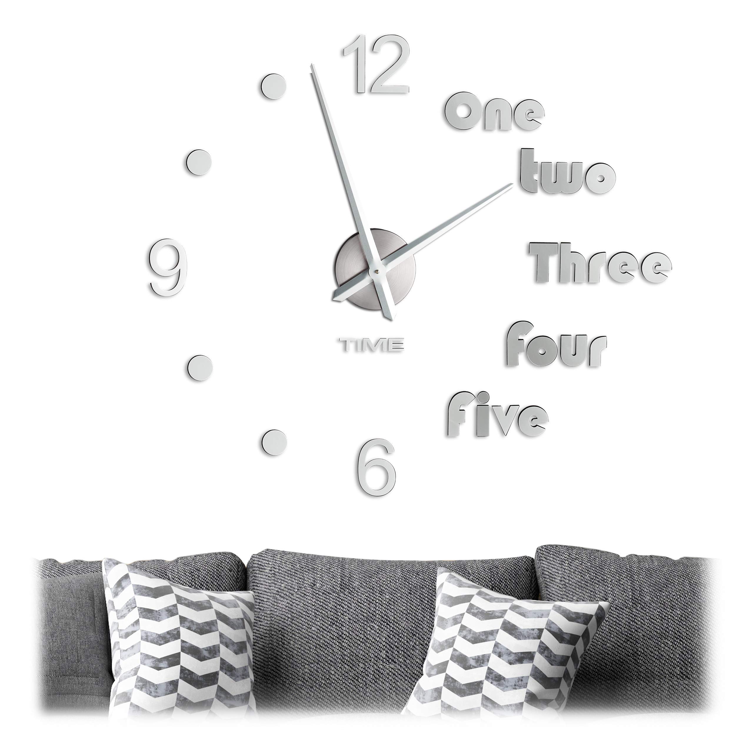 Relaxdays DIY Wall Clock, with Numbers & Words, Adhesive Stickers, Size Variable, Modern 3D Look, max. Ø 110 cm, Silver