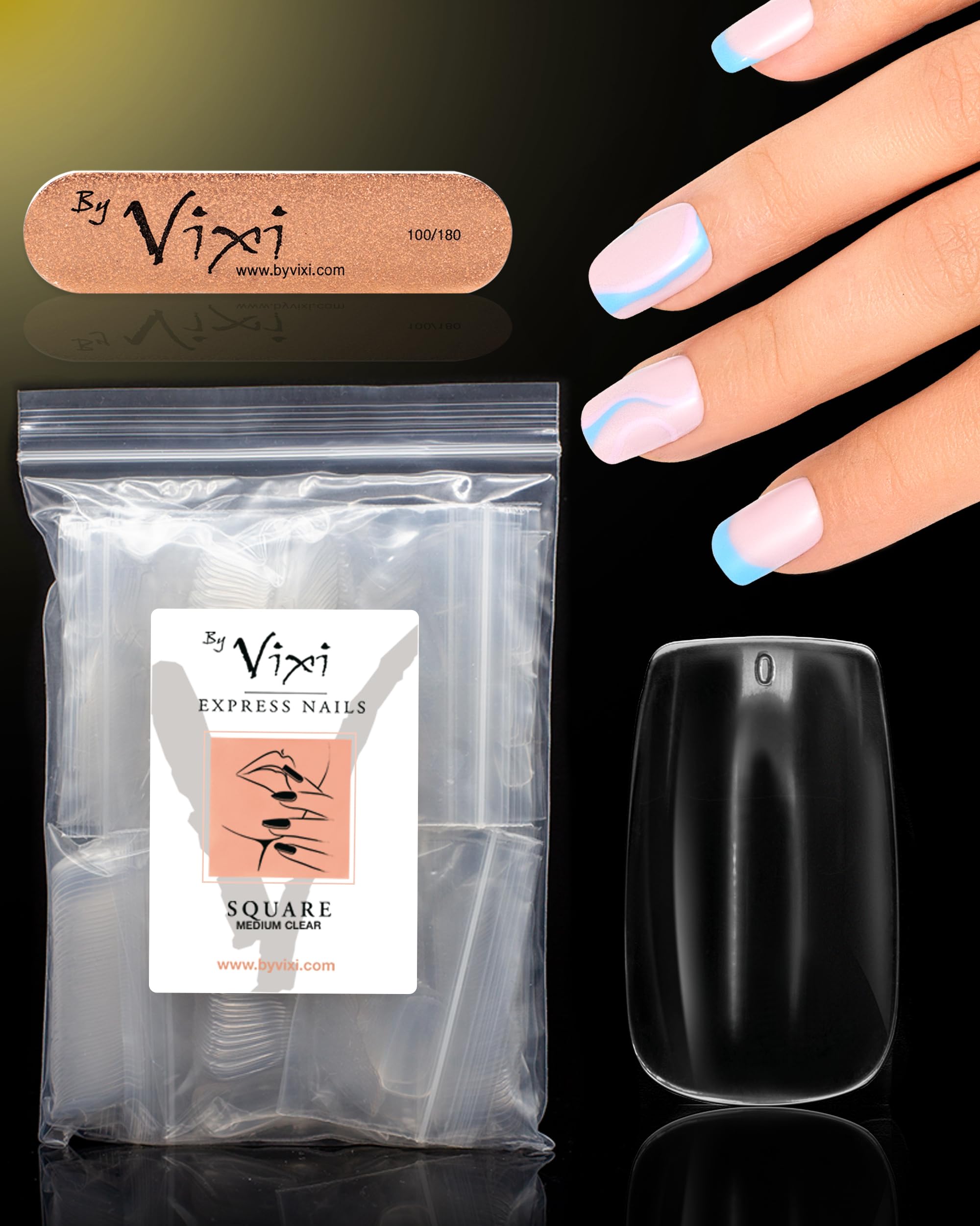 600 Medium Square Press On Nails Set with By Vixi Prep File – Clear Full Cover False Nails, Stick On Fake Nail Tips 10 Sizes, Acrylic Nail Extensions for Gel Polish & Nail Art — image 1
