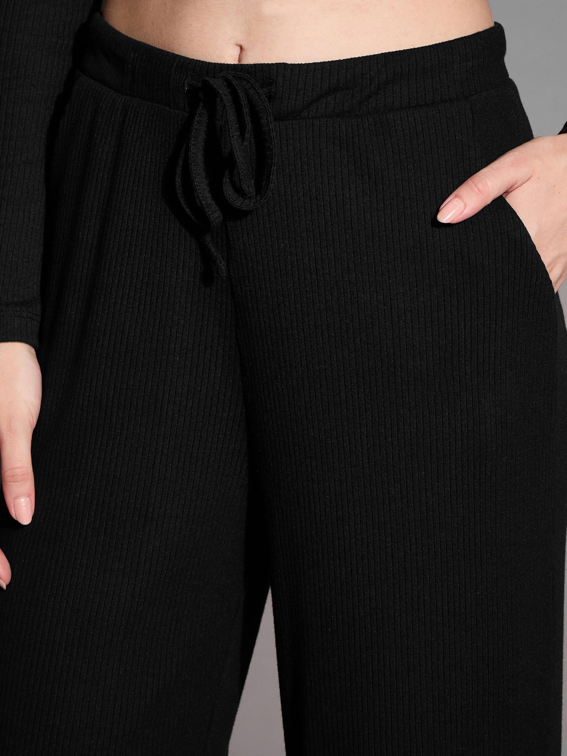 SASSAFRAS Basics Women's Black Rib Drawstring Pants-M 3