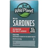 Wild Planet Wild Sardines in Water, No Salt Added, Tinned FIsh, Sustainably Wild-Caught, Non-GMO, Kosher, Gluten Free, Keto and Paleo, 4.4 Ounce, Single Unit, Packaging May Vary