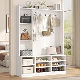 Semoic White Hall Tree with Storage Bench, 5-in-1 Entryway Bench with Coat Rack, Adjustable Shoe Storage, Hanging Hooks, Shoe Organizer for Entryway, White