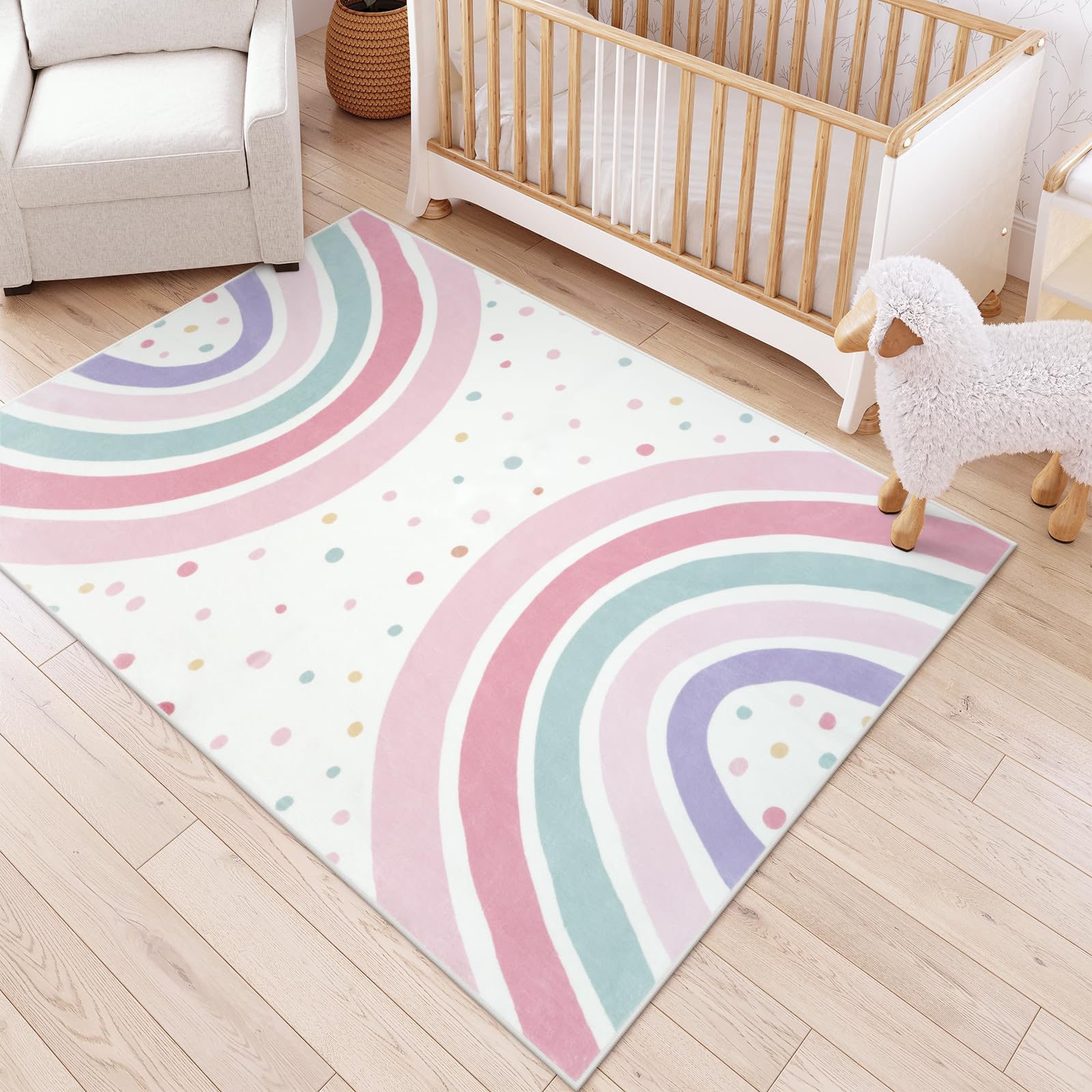 Photo 1 of STARUIA 5x7 Washable Rainbow Rug for Kids Room Nursery, Soft Polka Dot Pink Rug for Bedroom Girls, Non-Slip Large Carpet Kids Area Rug for Playroon Princess Castle
