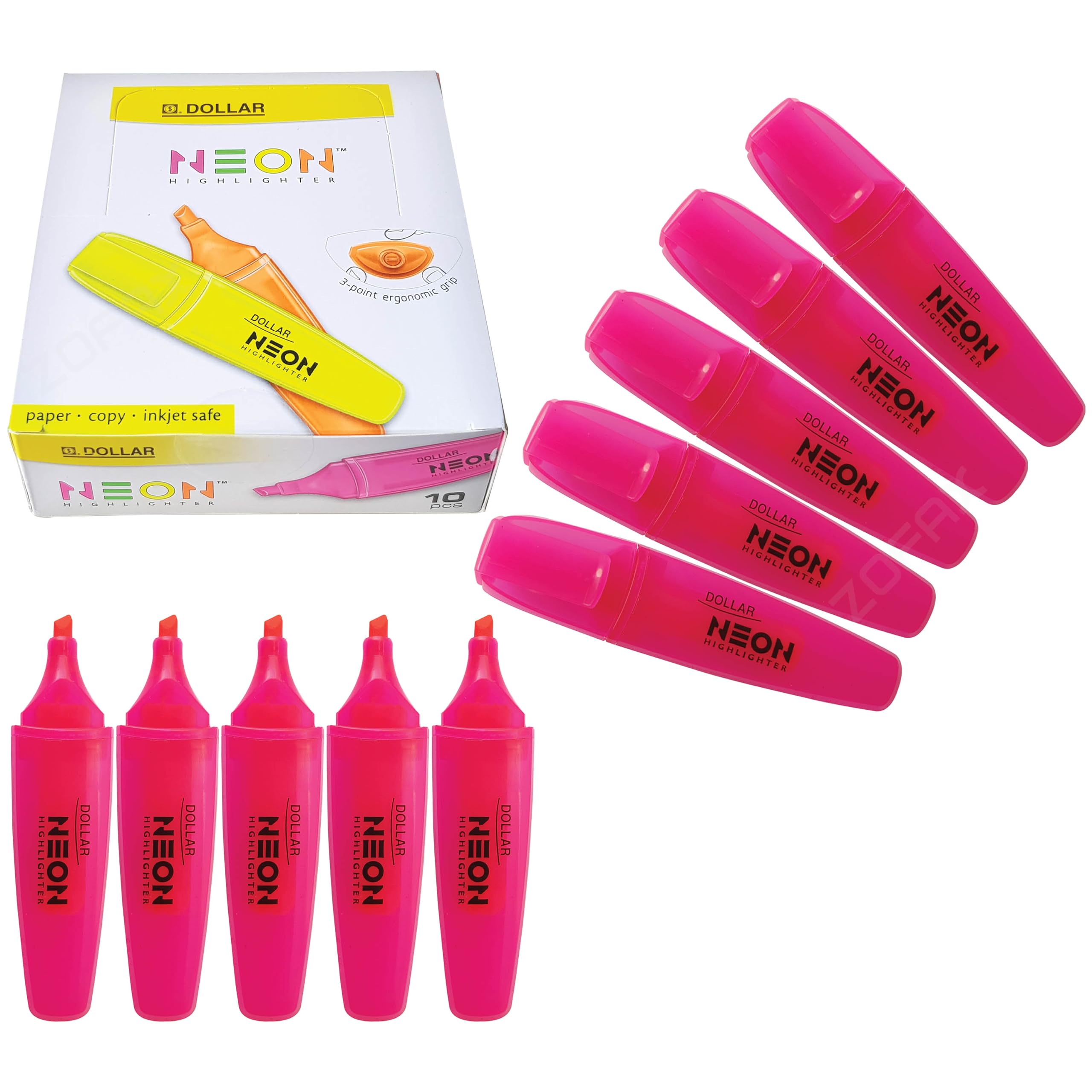 DOLLAR HL625 Neon Fluorescent Highlighter Pens, PINK, Pack of 10, Chisel Tip (5.0mm), 3-Point Grip, Multipack, Fast-drying, School Office Home Highlighters