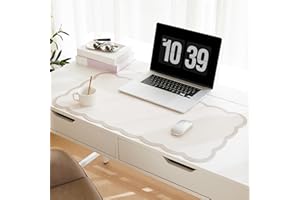 Ohocut Scalloped Desk Mat, 31.5" x 15.7" Large Cute Beige Khaki Aesthetic Desk Accessories, PU Leather Computer Laptop Desk Mat Mouse Keyboard Pad, Desk Writing Makeup Mat for Vanity/Work/Home Decor