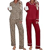 Ekouaer 2 Pack Women's Pajama Set Long Sleeve Sleepwear Loungewear V Neck Pjs Sets with Pockets S-XXL