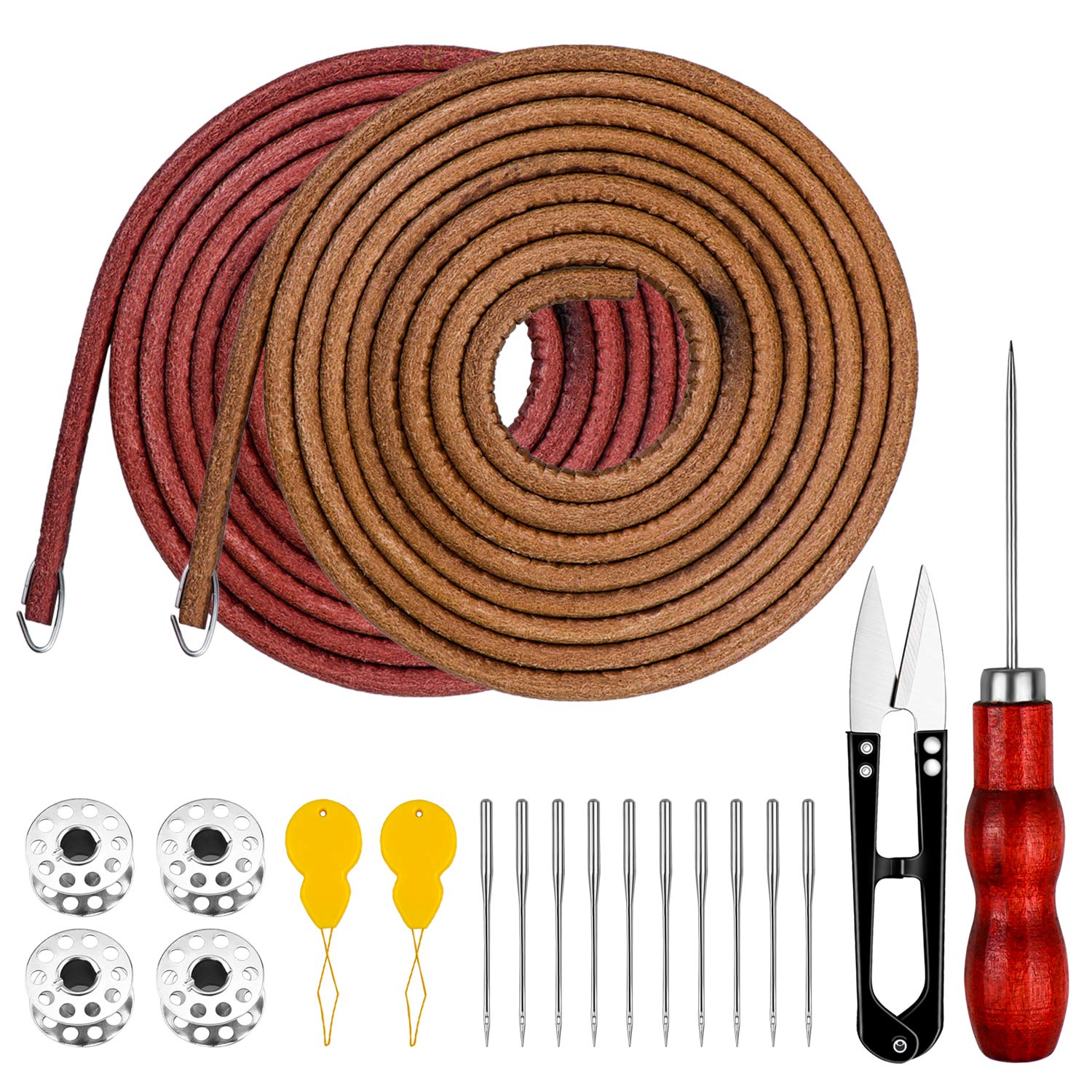 Homgaty 2 Pack 183cm/72inch Leather Belt Treadle Parts with Hook Equip with Sewing Machine Needles Threaders Awl Bobbins and Scissors Clippers Compatible with Singer/Jones Sewing Machine