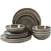 Gibson Elite Sandy Pines Stoneware Plates and Bowls Set - 12 Piece Reactive Glaze Dinnerware Set - Service for 4 - Dishwasher and Microwave Safe - Brown