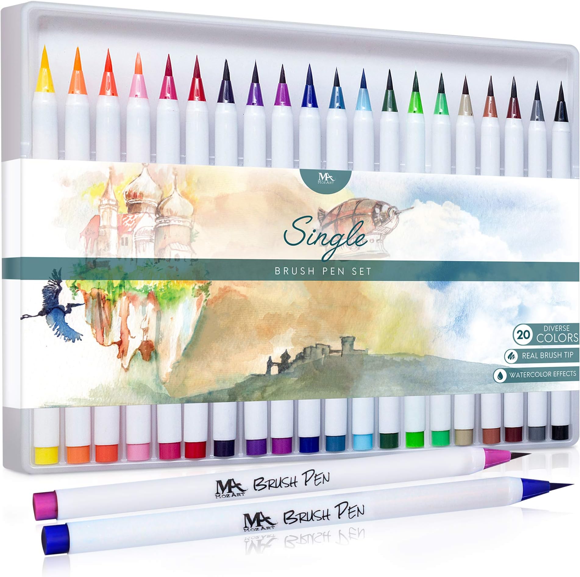 MozArt Supplies Soft Real Brush Tip Marker Pens Set - 20 Colors