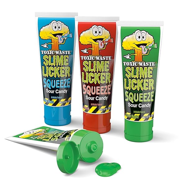 TOXIC WASTE – SLIME LICKER SQUEEZE – SOUR SQUEEZE SLIME CANDY – GREEN APPLE, BLUE RAZZ, & CHERRY FLAVORS – 2.47 OZ. TUBES – 12-PACK