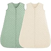 FIEMOL Fleece Baby Sleep Sack 6-12 Months, 1.5 TOG Cotton Baby Wearable Blanket With Soft Plush Dots, 2 Pack Newborn and Infant Warm Sleeping Sack with 2-Way Zipper Beige&Green