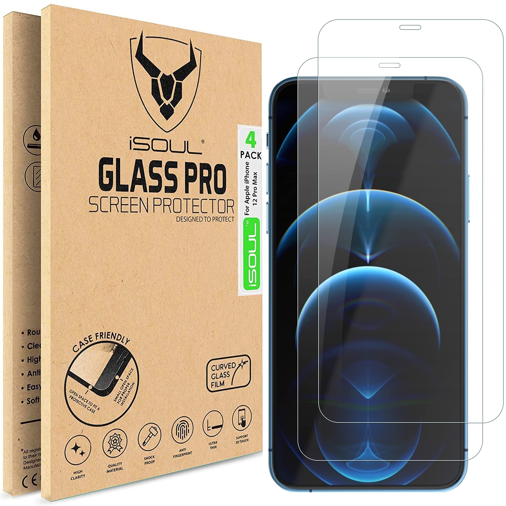 iSOUL Screen Protector Compatible With iPhone 12 Pro Max 6.7-Inch, Tempered Glass Film, 4-Pack