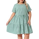 Agnes Orinda Plus Size Gingham Dresses 1950s Vintage Plaid Round Neck Short Sleeve Tiered Midi Summer Dress