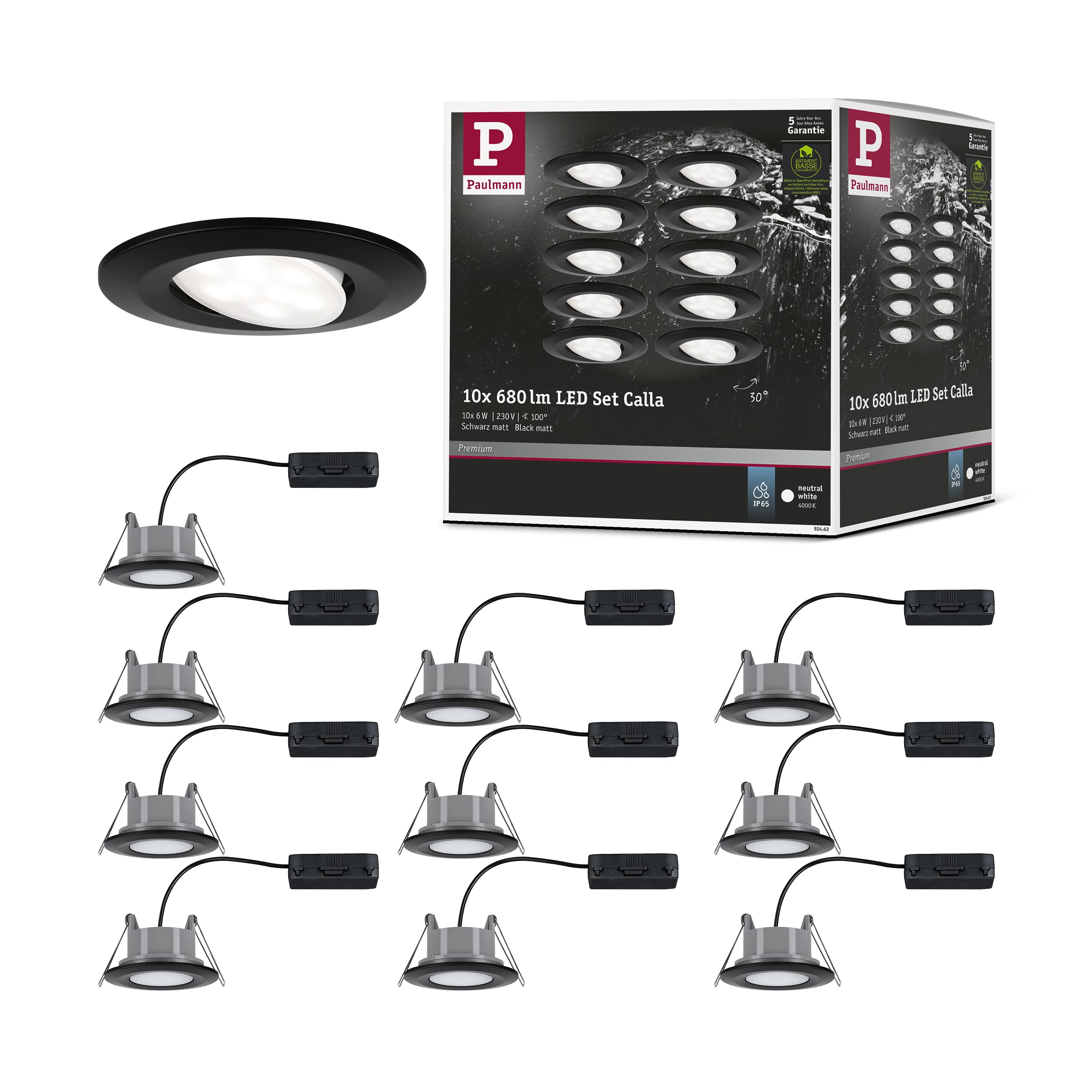 Paulmann Calla 92462 LED Recessed Light Round Set of 10 10 x 6 W IP65 Neutral White Recessed Spotlight Black Matte Swivelling Spotlights Plastic Recessed Lamp 4000 K