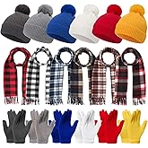 Chicingyou 18 Pcs Kids Hat Gloves Scarves Winter Set Bulk Pom Knit Beanie Plaid Scarf Warm Gloves for Boys Girls 5-10(Cute Colors)