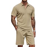 COOFANDY Men's Waffle Knit Polo Shirt and Shorts Set 2 Pieces Outfits Summer Suit Casual Tracksuit with Pockets