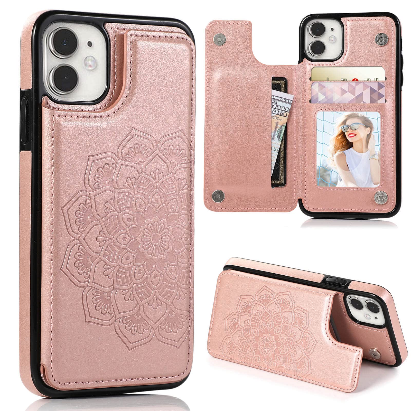 Photo 1 of KRHGEIK for iPhone 12 Pro/iPhone 12 Wallet Case with Card Holder,Women Mandala Emboss PU Leather with Kickstand Magnetic Clasp Slim Flip Shockproof Cover 6.1 Inch (Rose Gold)