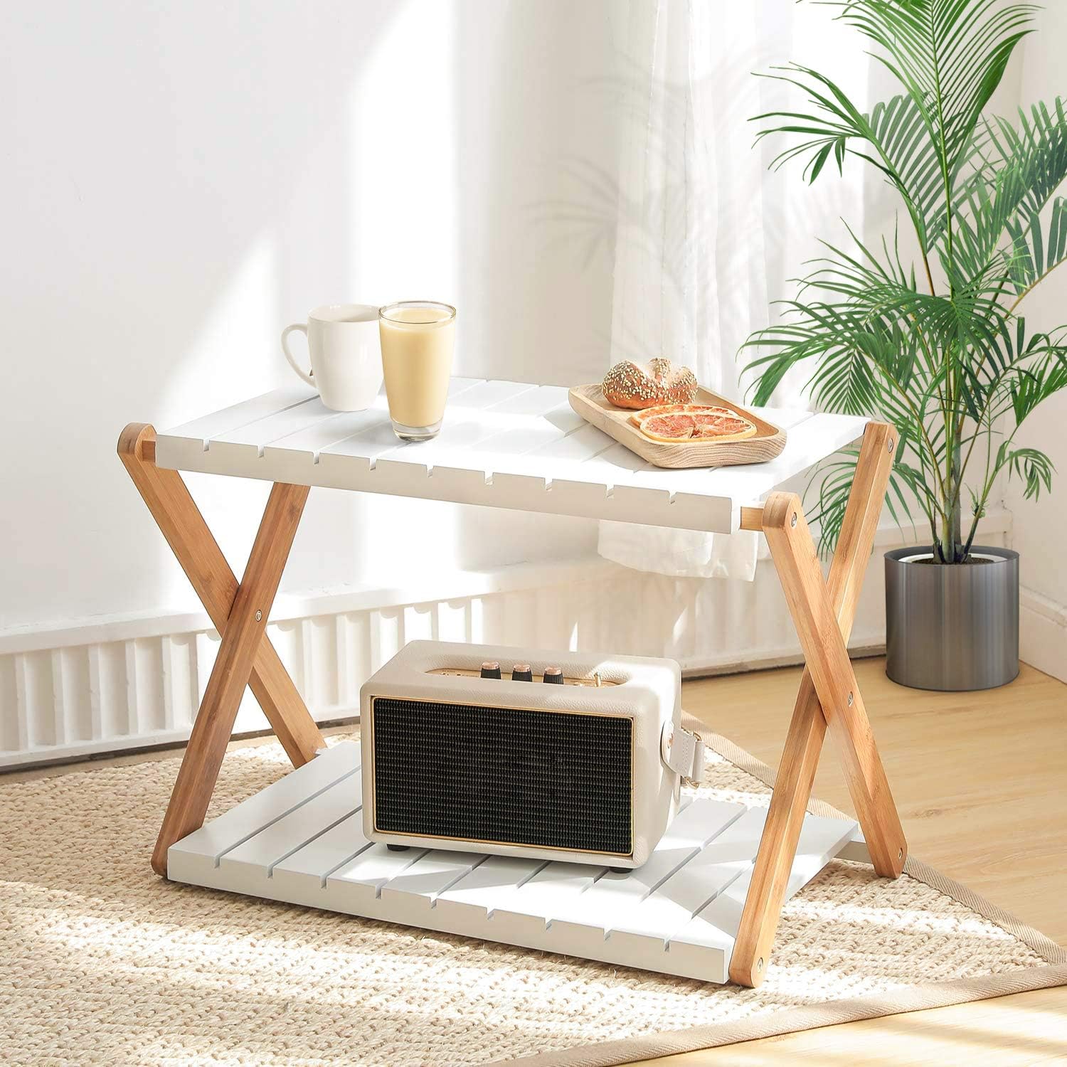 Nnewvante Desk Shelf Foldable Shelving Unit Printer Stand Multifunction 2 Tiers Bamboo Storage Organizer for Books, Fax Machine, Scanner, Files, Home Office Desktop Floor, White: Home Audio & Theater