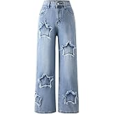Fulihug Jeans for Girls Baggy Wide Leg Cute Bow High Elastic Waisted Denim Pants Y2K Boyfriend Skater Streetwear 7-14Y