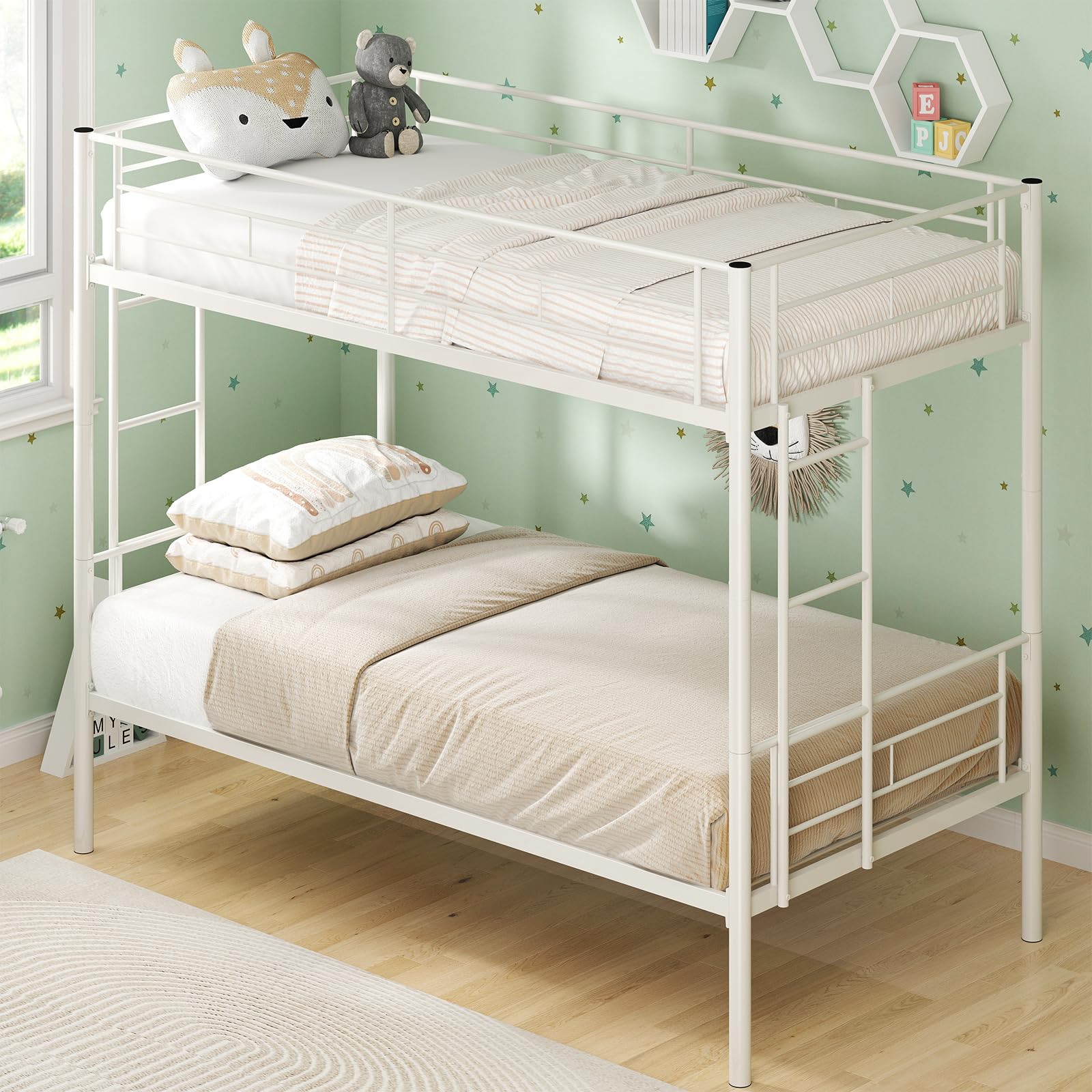 Photo 1 of Kiivakii Twin Over Twin Bunk Bed, Metal Bunkbed with 2 Side Ladders, Full Length Upper Bed, Sturdy Metal Frame Support, No Box Spring Needed, Noiseless, White