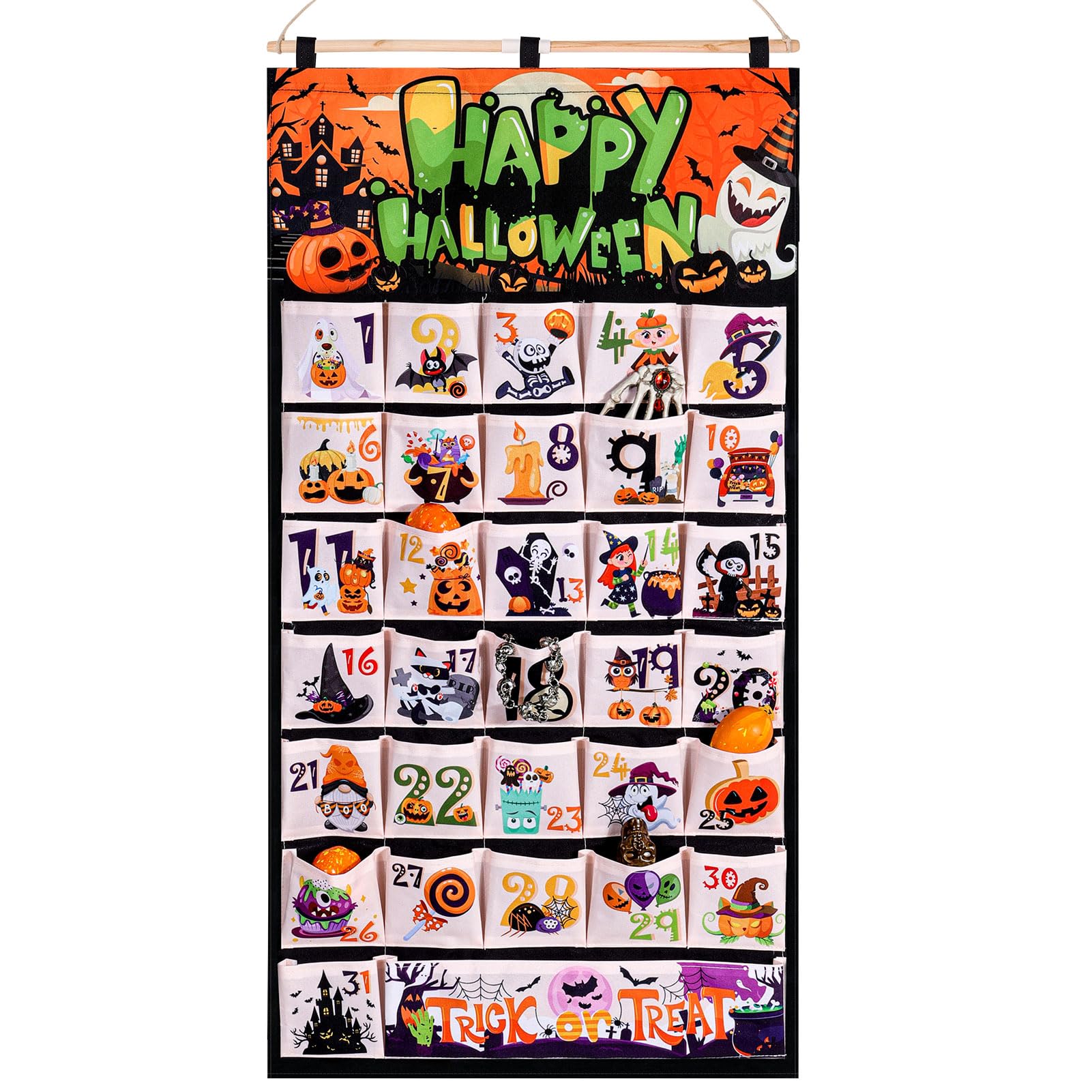 Photo 1 of *INCOMPLETE** HOWAF Fabric Halloween Advent Calendar (Countdown to Halloween), 31 Days Mystery Happy Halloween Countdown Calendar with 31 Pockets for Halloween Party Holiday Home Wall Decoration