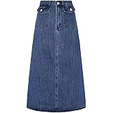 Allegra K Midi Denim Skirt Women High Waisted Flap Pockets A-Line Long Jean Skirt