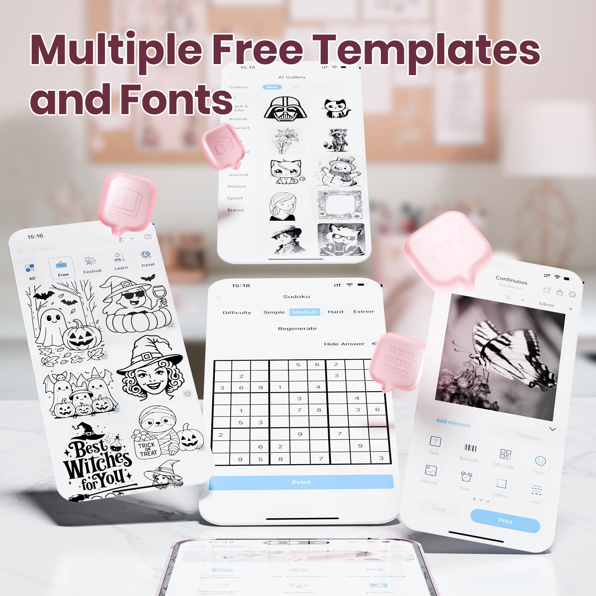 Sticker Printer, PM290C Portable Mini Printer, Inkless Bluetooth Sticker Maker with 3 Rolls Paper, Impresora Portátil for Notes, Journal, DIY, Gift, Print Pod for School/Office/Christmas, Pink