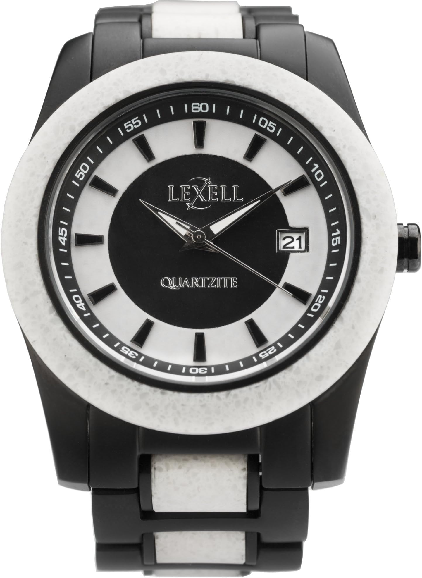 Lexell Genuine White Quartzite Stone Watch Myriad with Black Stainless Steel Band