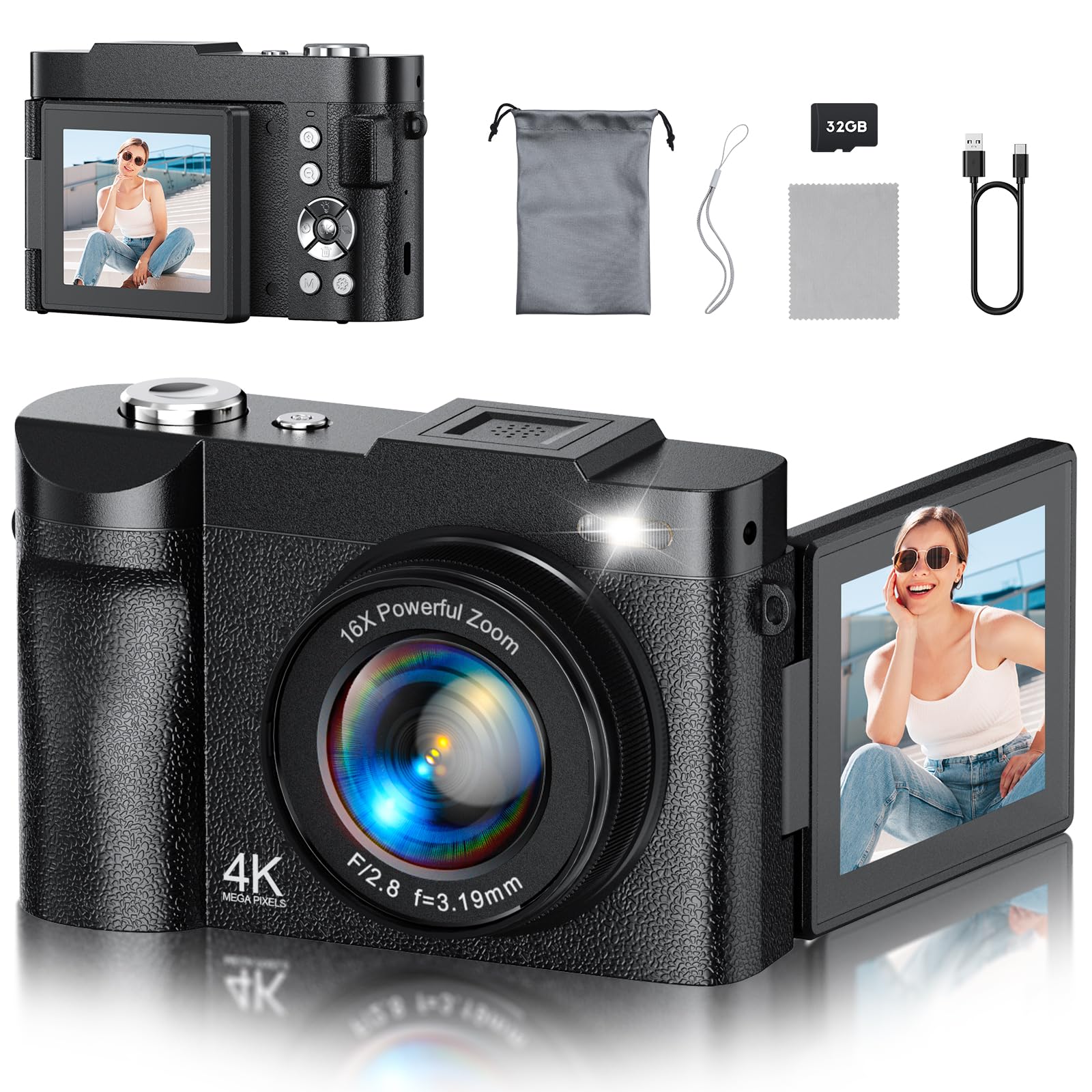 Photo 1 of 4K Digital Camera for Photography, 50MP Vlogging Camera for YouTube, Compact Cameras with 2.8" 180° Flip Screen, 16X Digital Zoom, Point and Shoot Camera with 32GB SD for Beginners, Travel, Family