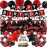 Red Black Birthday Decorations, Happy Birthday Banner, Backdrop, Balloons, Honeycomb Balls, Star Foil Balloons, Stars Hanging Swirls &amp; Cake Topper for Baby Boys Girl Men Women Birthday Decoration