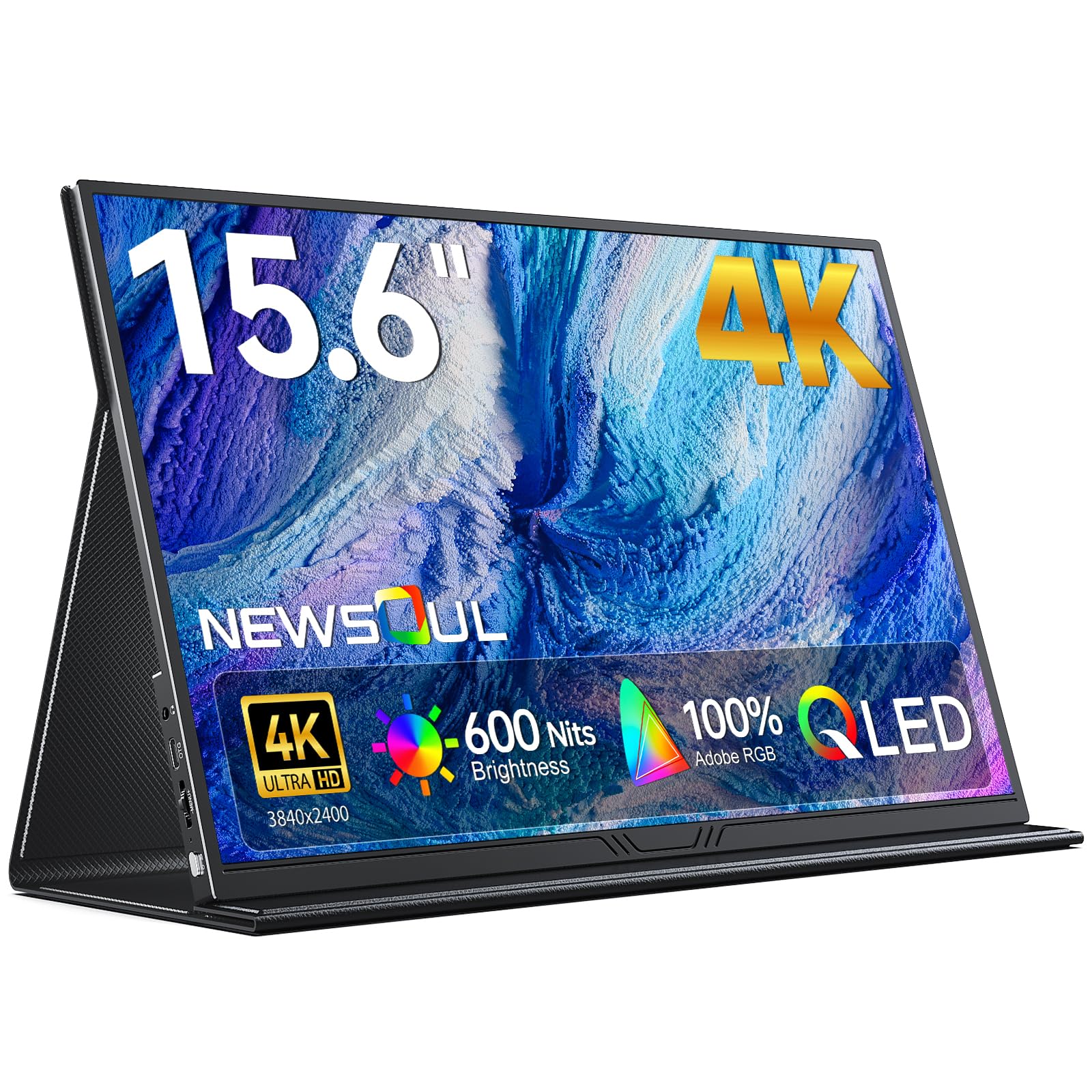 Newsoul True 4K Portable Monitor QLED, 15.6" 600 Nits Laptop Monitor, 100% AdobeRGB, UHD 3840x2400 USB-C & HDMI w/Smart Case, HDR FreeSync Eye Care, Travel Screen for Computer, Mini PC, Game Consoles Image