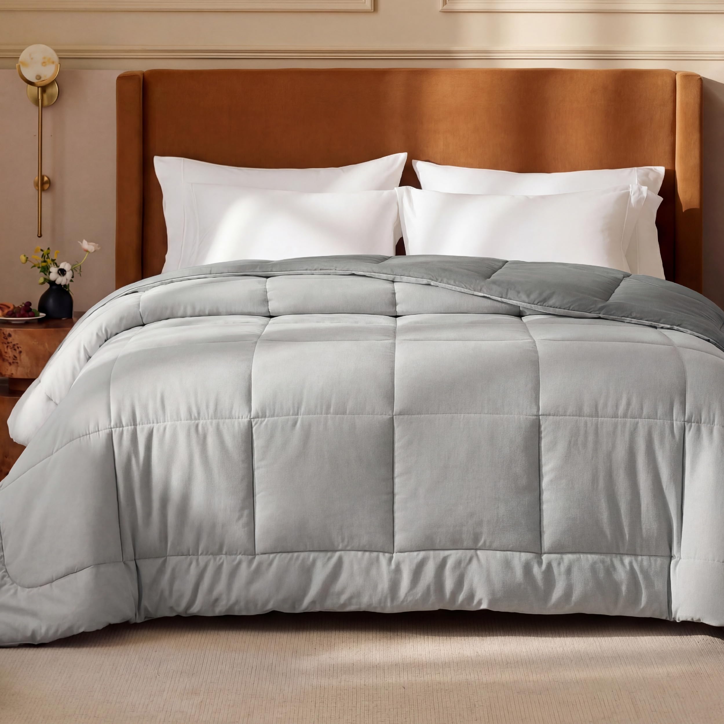 Bedsure Comforters Queen Size Duvet Insert, Quilted Down Alternative Comforter, Ultra Soft Lightweight Comforter Blanket for Bed, with 8 Tabs, Machine Washable, 88x88 in, Light Grey/Grey Image