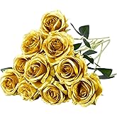 10 Pcs Gold Rose Artificial Flower, Faux Silk Flowers With Long Stems, Fake Roses Bulk Bouquet for Decoration Valentine's Day Centerpieces Proposal Bridal Bouquets Shower Party Home Floral Decor