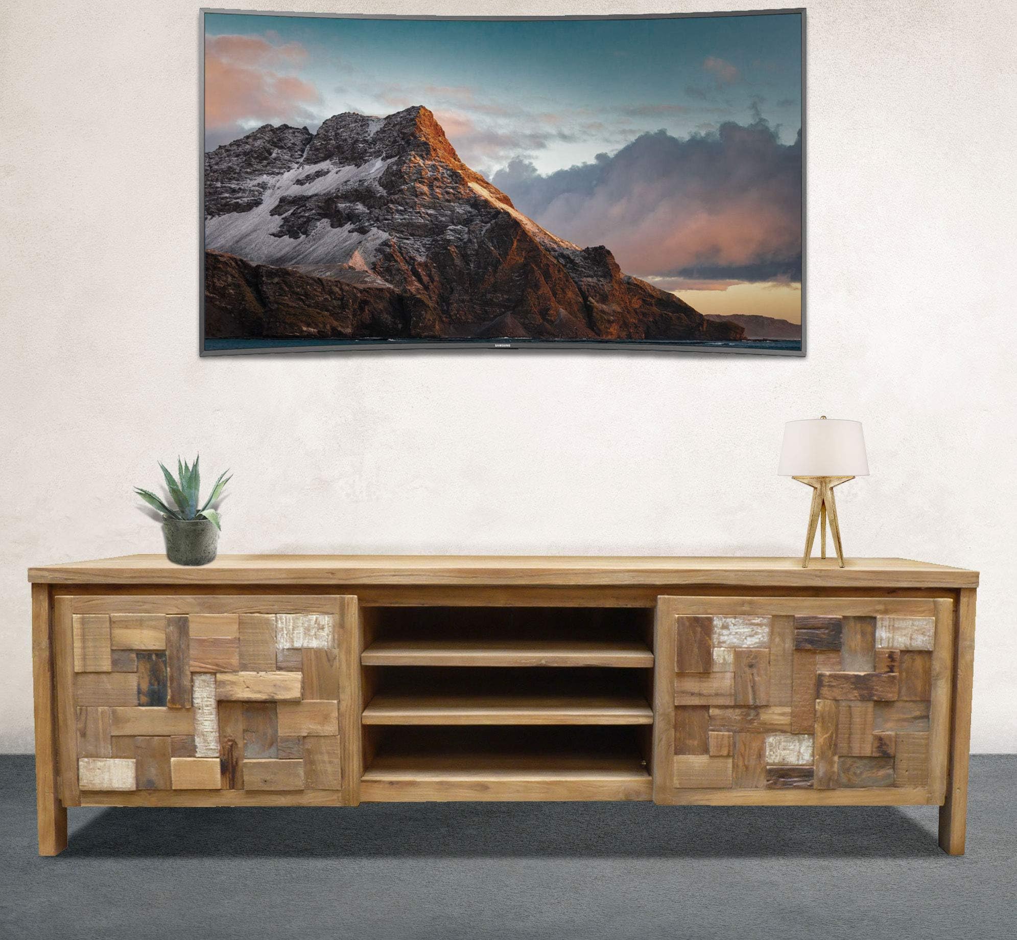 Solid Recycled Teak Wood Mosaic Media/Entertainment Center Buffet, 2 Door
