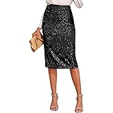 PrettyGuide Women's Sparkly Sequin Skirt High Waist Bodycon Glitter Cocktail Party Midi Skirts with Slit Back