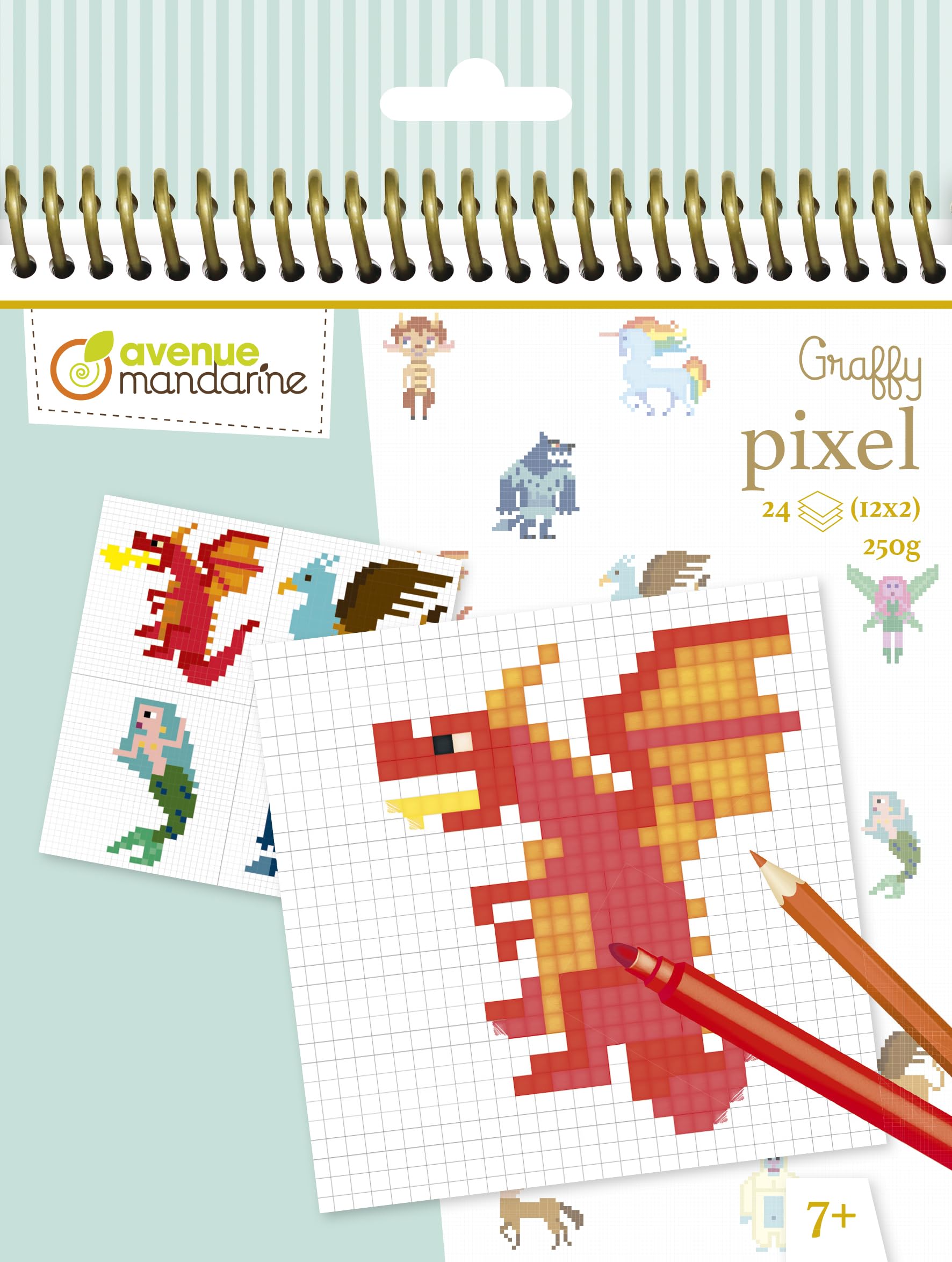 Avenue Mandarine - Ref GY098C - Graffy Pixel Colouring Book - Fantastic Creatures - Pixel Art, 250gsm Drawing Paper, 12 Designs, 24 Squared Sheets, Spiralbound