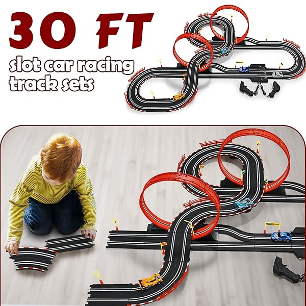 30 FT SLOT CAR RACE TRACKS SETS TOYS FOR AGES 8-10 -1:43 DUAL RACE CAR TRACK WITH 4 SLOT CARS, 2 HAND CONTROLLERS, CHRISTMAS, BIRTHDAY GIFT TOYS FOR AGES 8-13