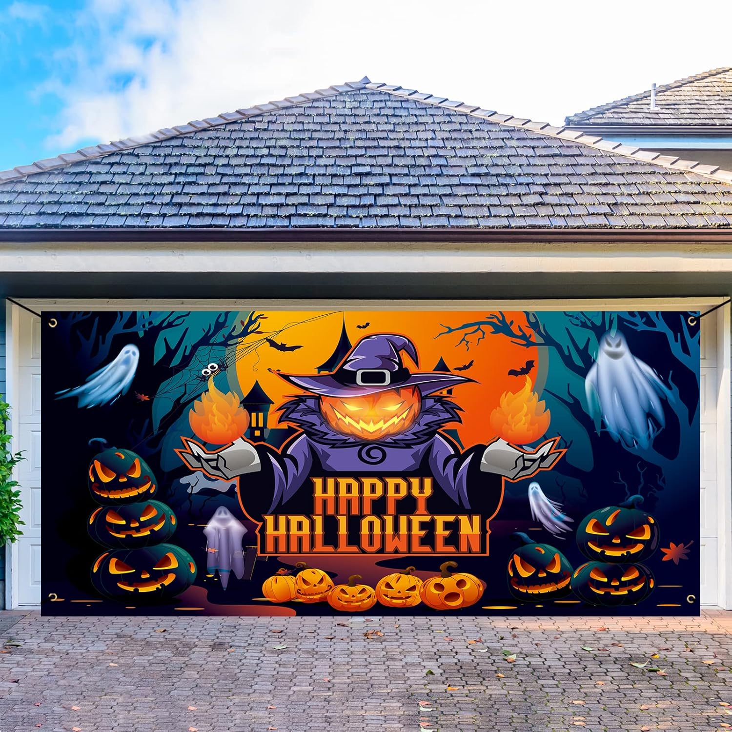 Garage Door Decorations - Trgowaul Happy Halloween Decorations, Happy Halloween Garage Door Decorations, Large Halloween Pumpkin Ghost Banner Backdrop, Halloween Outdoor Party Supply Photography Background Sign Poster 6x13ft