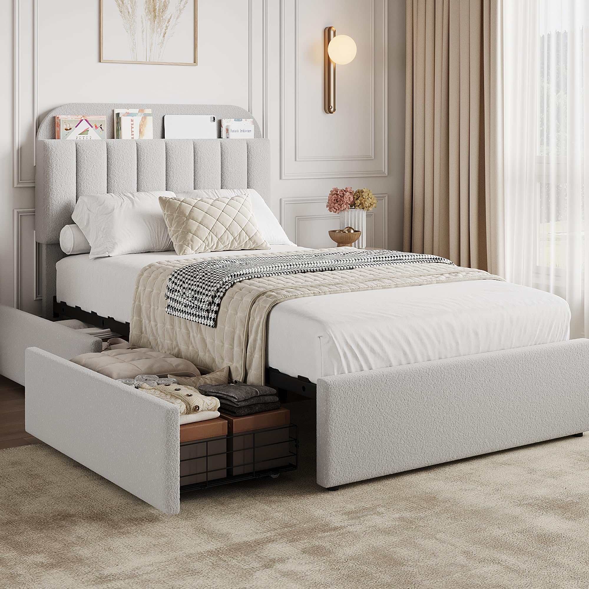 Photo 1 of ***PARTIAL SET***BOX 1 OF 2***
GarveeHome Twin Bed Frame with Storage Headboard, Kids Bed Frame with 2 Drawers, Boucle Upholstered Platform Bed with Bookcase, No Box Spring Needed, Easy Assembly, Grey