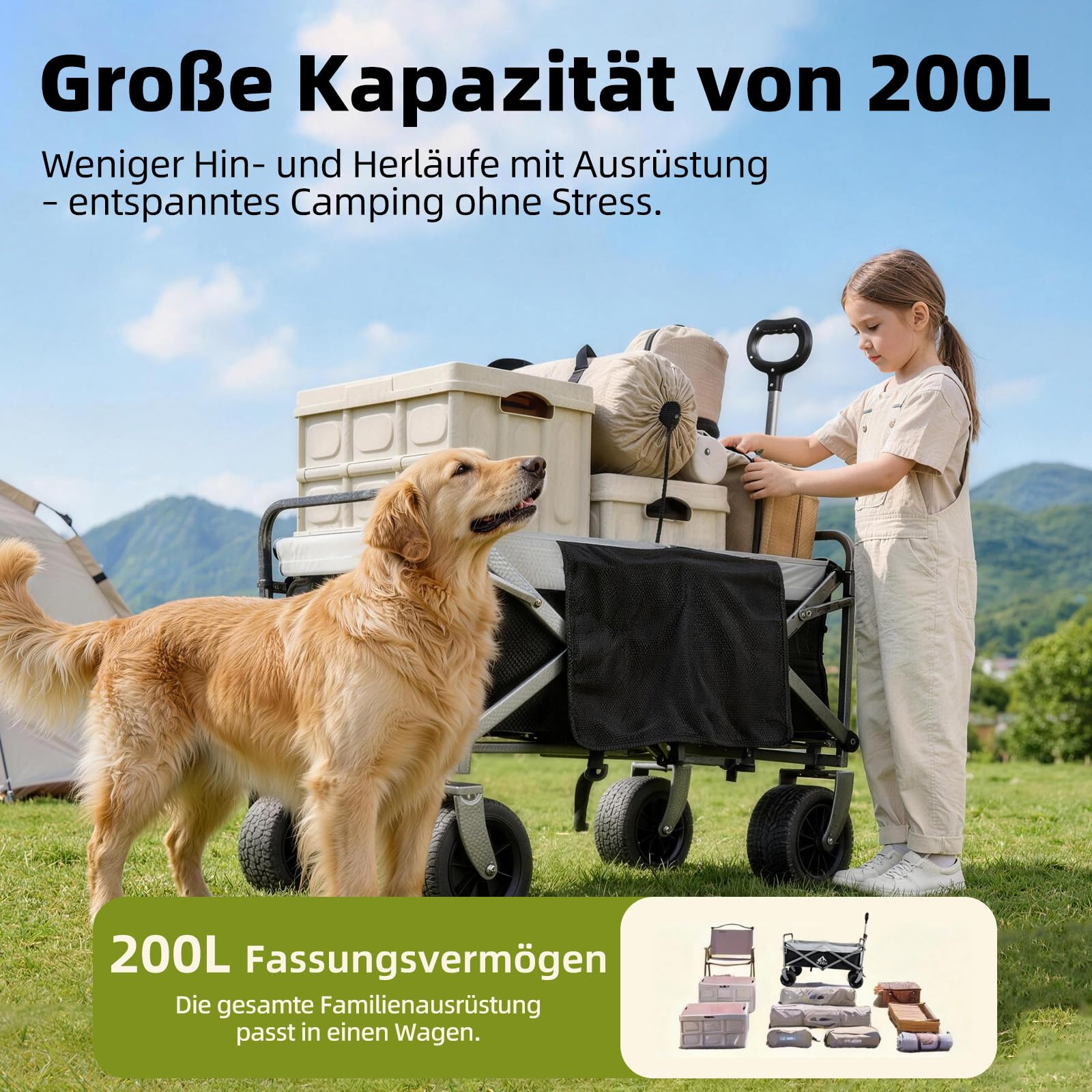BUERTS Bollerwagen Faltbar – Tragkraft 272 kg, mit Bremsen, Getränkehalter, Verstellbarem Griff, All Terrain Rädern für Camping Outdoor Shopping, 600D Oxford-Gewebe, Schwarz 3