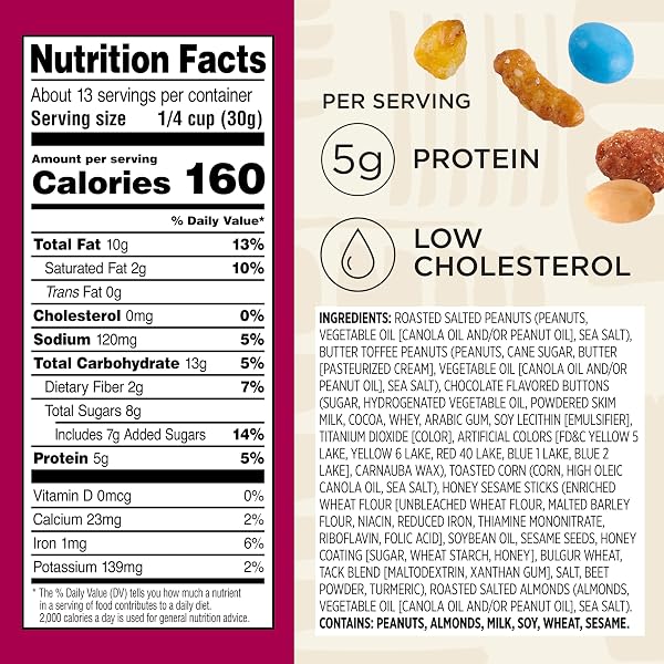 SNAK CLUB SWEET AND SALTY TRAIL MIX WITH PEANUTS, BUTTER TOFFEE PEANUTS, CHOCOLATEY CANDIES, TOASTED CORN, HONEY SESAME STICKS, AND ALMONDS, KOSHER SNACK, 14 OZ RESEALABLE BAG