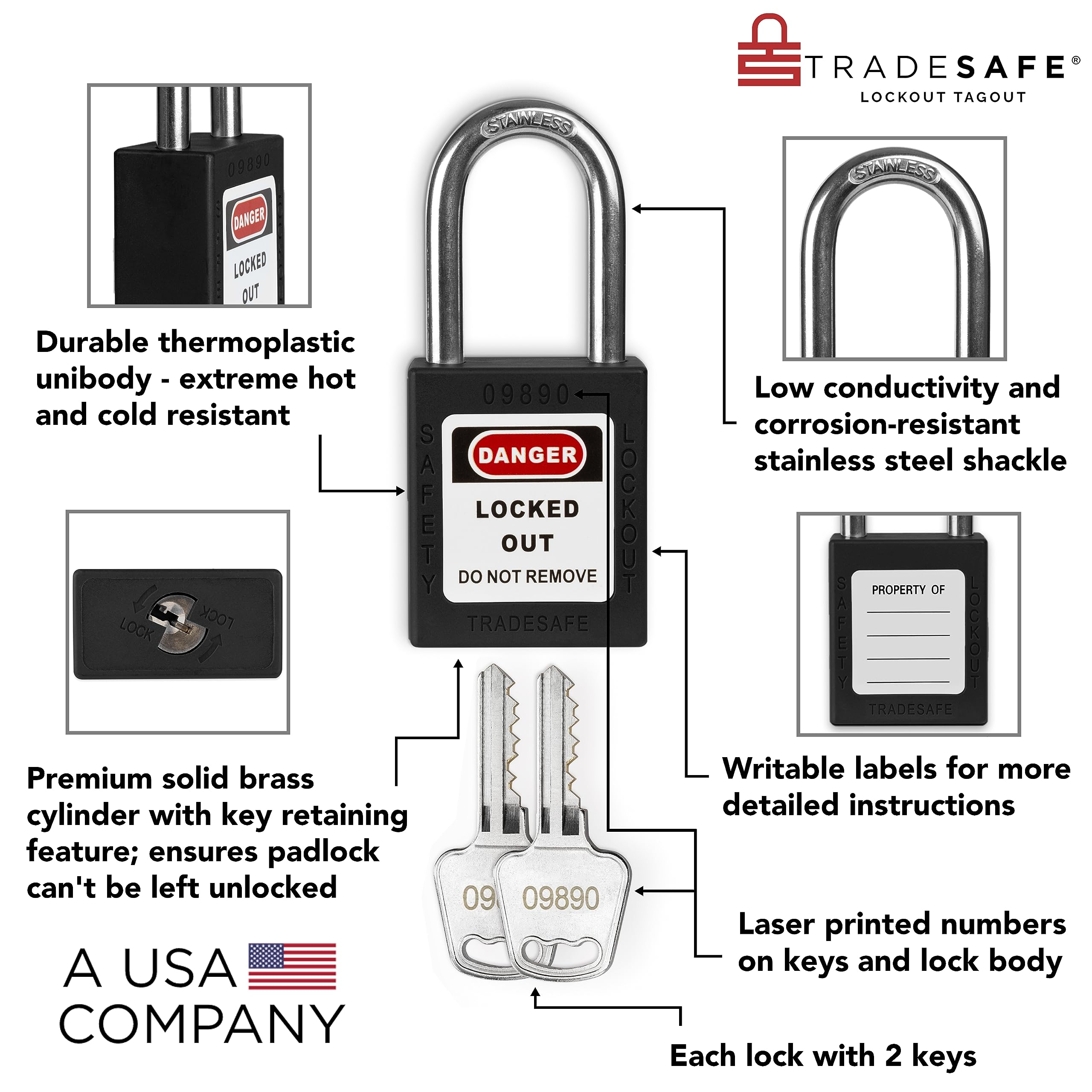 Tradesafe Lock Mua TRADESAFE Lockout Tagout Lock Sets, 10 Black Keyed Alike Safety ...